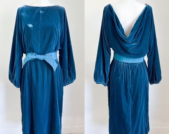 Vintage 1970s Victor Costa Peacock Green Velvet Gown / S