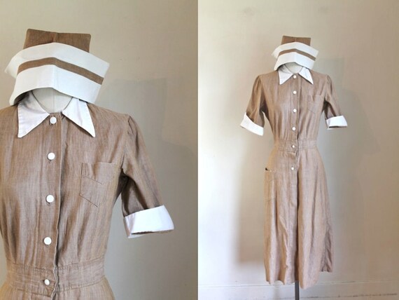 vintage 1940s Nurse Uniform Dress + Cap / XS