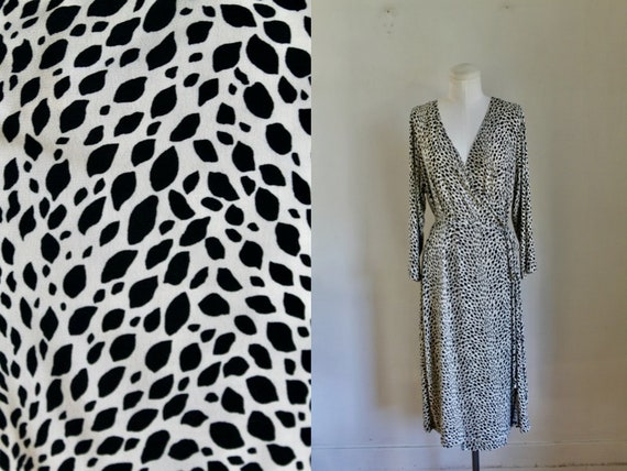 Vintage 1990s Black & White Printed Wrap Dress / X