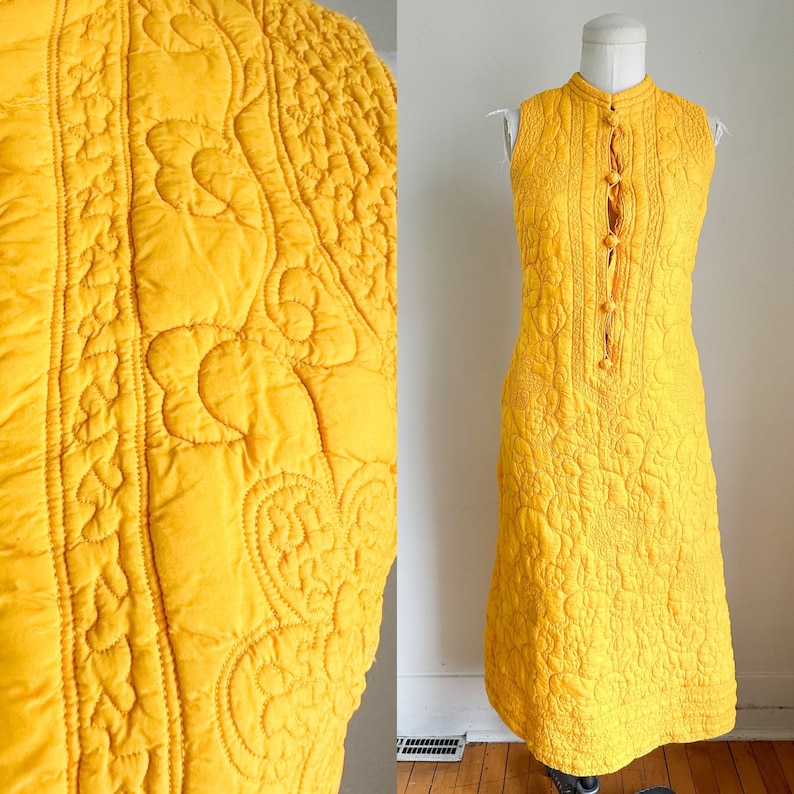 Vintage 1960s Marigold Quilted Silk Blend Dress / XS image 1