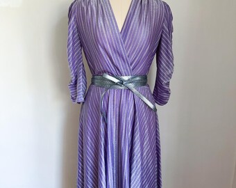 Vintage 1970s Purple and Silver Striped Dress / M