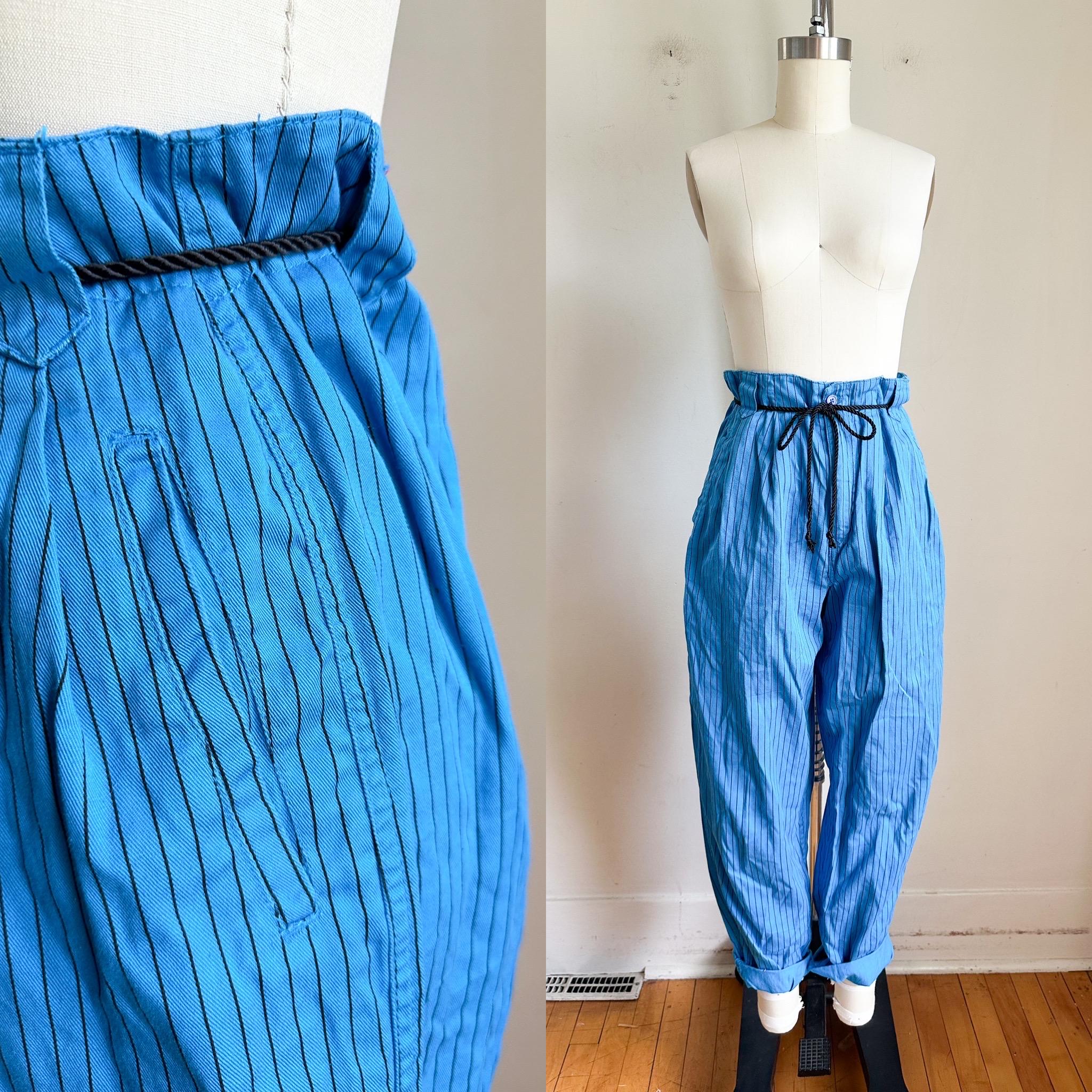Vintage 1980s Blue Striped Paper Bag Waist Pants 28 Etsy