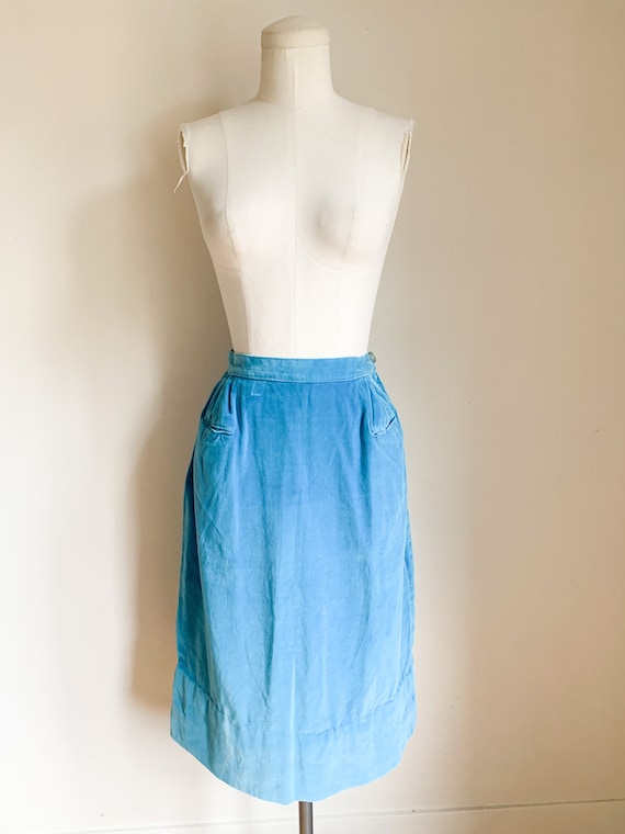 Vintage 1960s Turquoise Velvet Pencil Skirt / XS - image 2