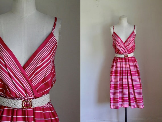 Vintage 1970s Pink & White Striped Sundress / XS-S
