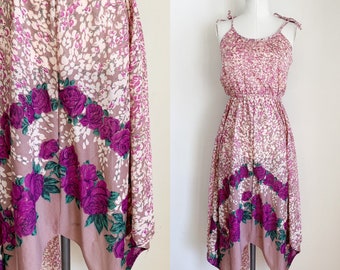 Vintage 1970s Sheer Floral Handkerchief Hem Sundress / XS-S