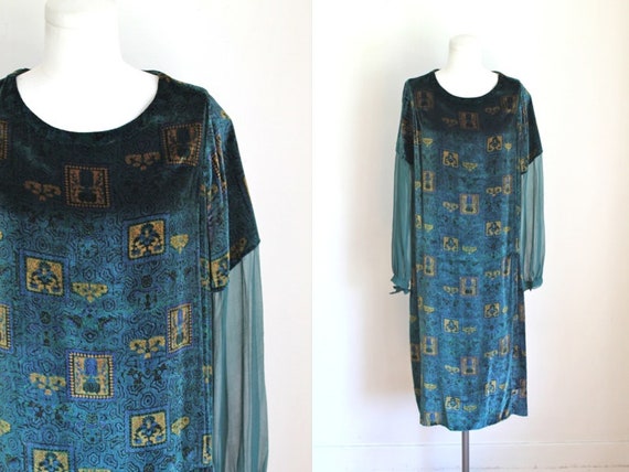 Vintage 1920s silk velvet dress PEACOCK blue & gold deco | Etsy