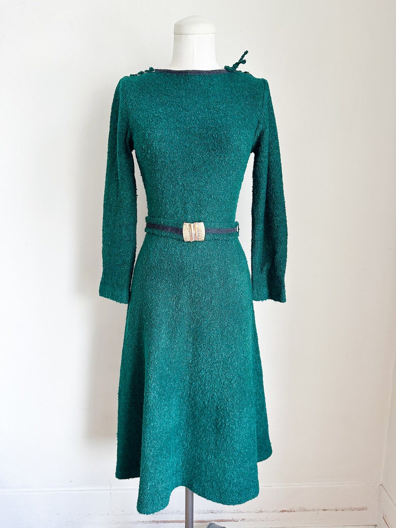 Vintage 1960s Forest Green Boucle Knit Dress / S image 2