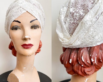 Vintage Ecru Lace Turban Hat / Sleeping Cap / Bonnet
