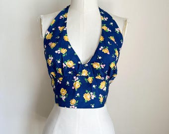 Vintage 1970s Navy Floral Halter Top / M