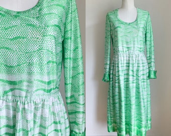 Vintage 1970s Lime Green Patterned Dress / M