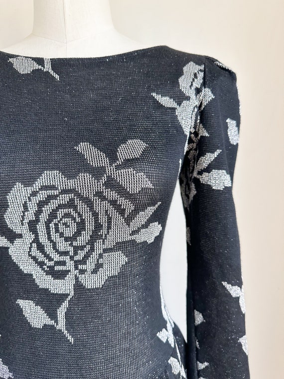 Vintage 1980s Silver Lurex Rose Sweater Dress / X… - image 3