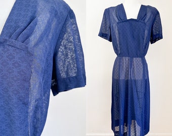 Vintage 1940s Navy Sheer Lace Dress / M