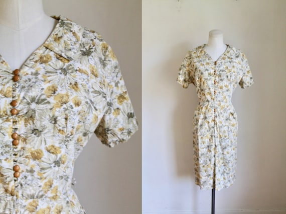 Vintage 1960s Yellow Floral Cotton Day Dress / M
