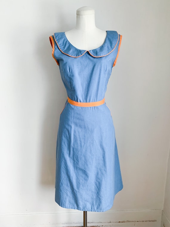 Vintage 1960s Blue Sundress with rust pipping / S - image 2
