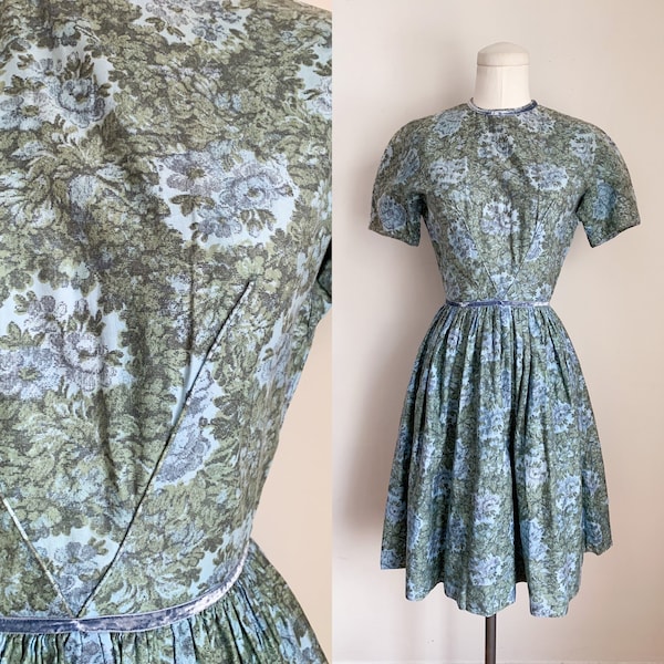 Vintage 1950s Moss Green & Blue Floral Cotton Dress / XS