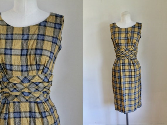 Vintage 1950s Mustard Plaid Cotton Dress / XS-S