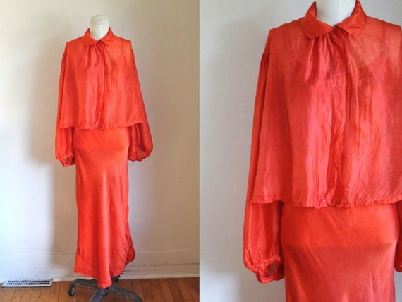 vintage 1930s pumpkin orange tissue silk dress set