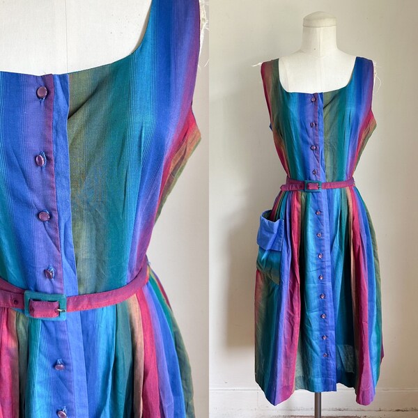 Vintage 1950s Jewel Tone Rainbow Shirtwaist Dress / M