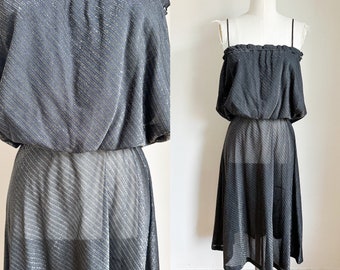 Vintage 1970s Black Metallic Sheer Dress / S-M