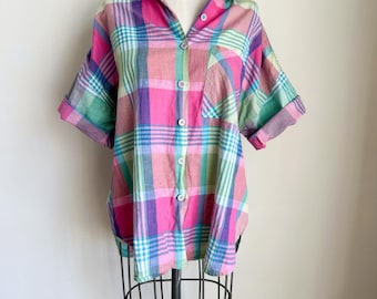 Vintage 1980s Madras Plaid Cotton Shirt / L