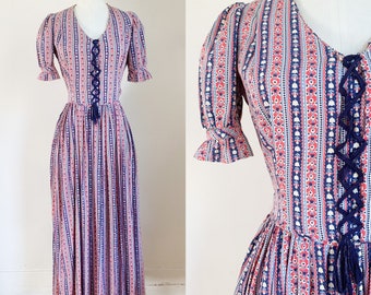 Vintage 1930s Folklore Novelty Print Cotton Maxi Dress / S