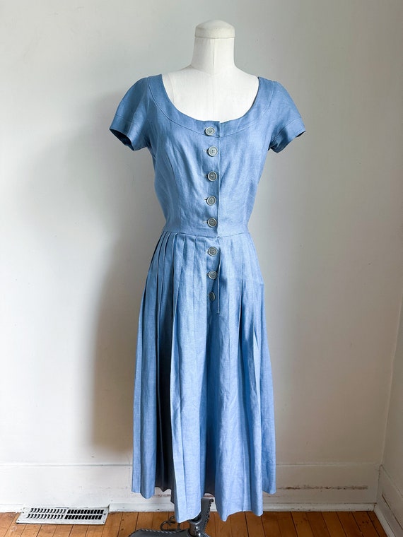 Vintage 1940s Dusty Blue Linen Dress / XS - image 8