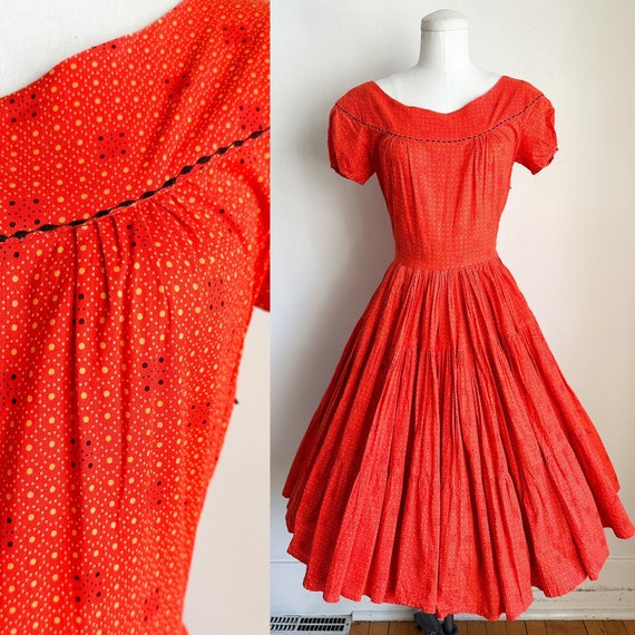 Vintage 1940s Red Patterned Swing Dress / XS - image 1