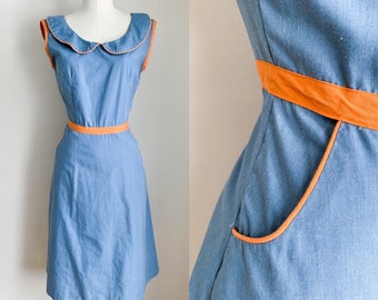 Vintage 1960s Blue Sundress with rust pipping / S