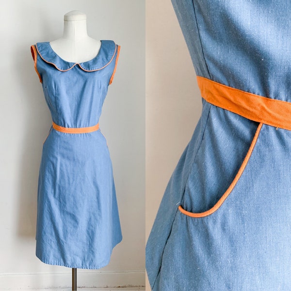 Vintage 1960s Blue Sundress with rust pipping / S