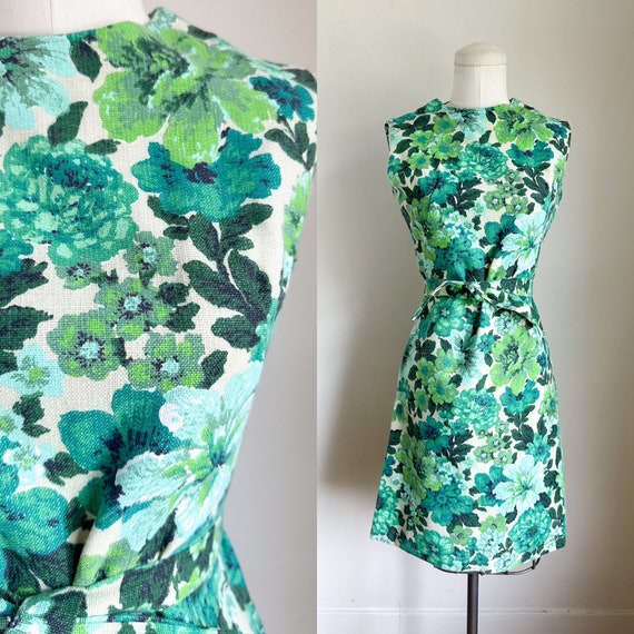 Vintage 1960s Green Floral Shift Dress / XXS - image 1