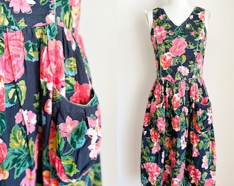 Vintage 1980s does 1950s Dark Floral Cotton Sundress / XS