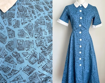 Vestido vintage de los años 40 con estampado original de mapa de París / XS