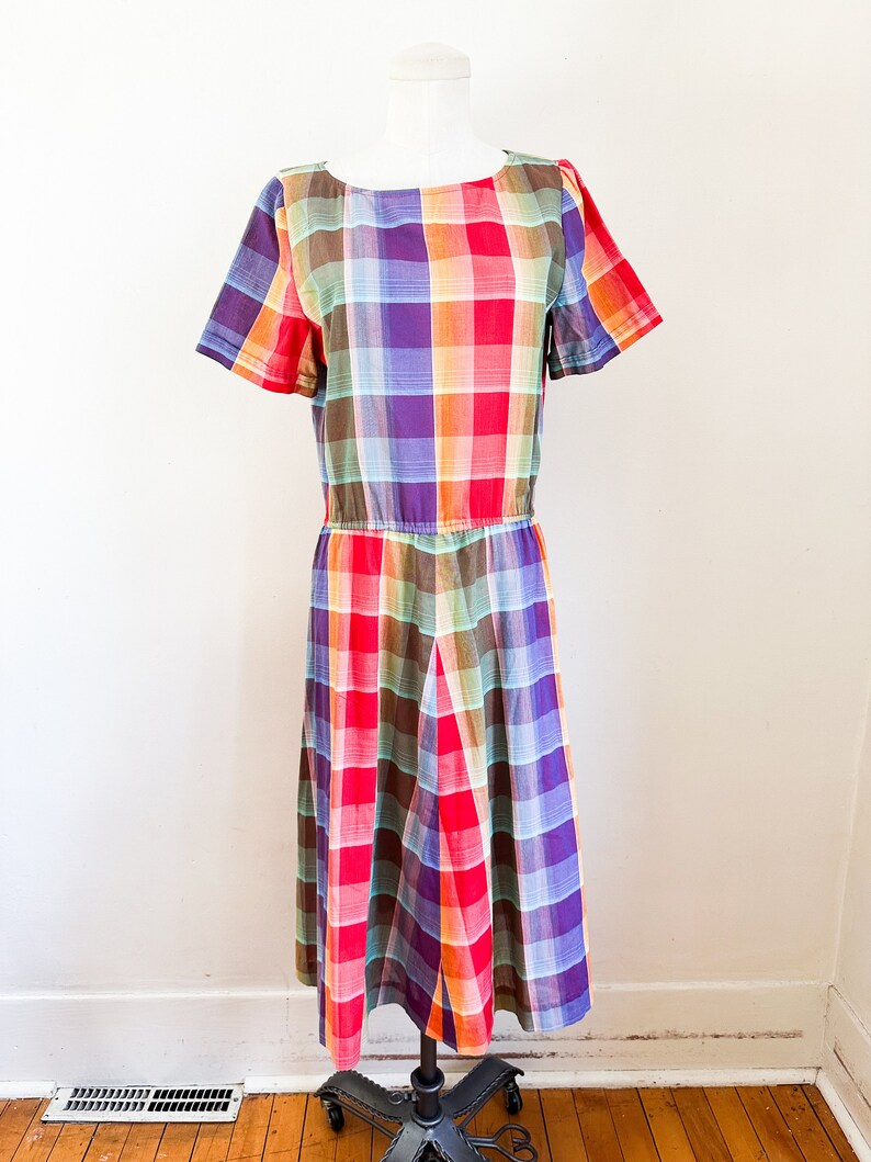 Vintage 1980s Madras Rainbow Plaid Dress / S image 2