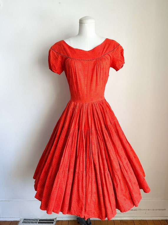 Vintage 1940s Red Patterned Swing Dress / XS - image 2