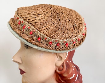 Sombrero tocado de paja vintage de los años 50