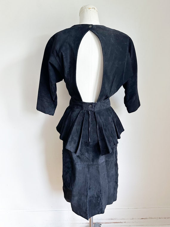 Vintage 1980s Black Backless Leather Peplum Dress… - image 7