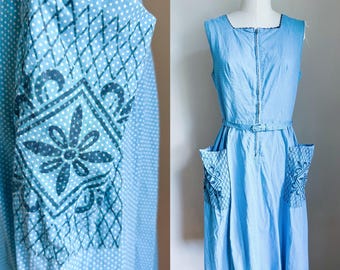 Vintage 1950s Blue Polkadot Belted Dress / M
