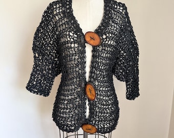 Vintage 1990 Leather Cord Crochet Cardigan / XS-S