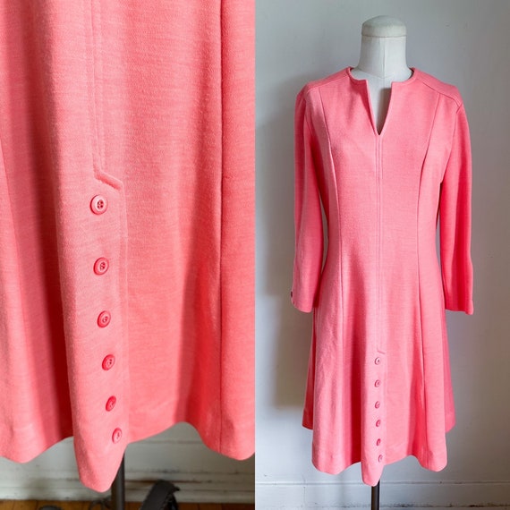 Vintage 1970s Coral Pink Knit Dress / S-M - image 1