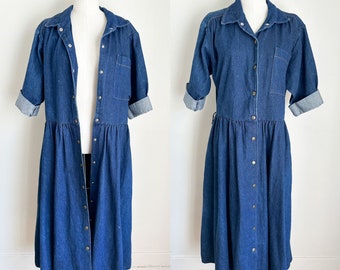 Vintage 1980s Heavy Cotton Denim Shirt Dress / XL