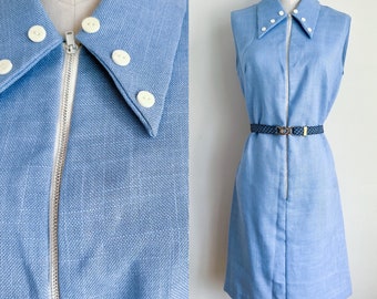 Vintage 1960s Blue Zip Front Dress with dagger collar / S