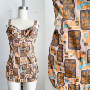 Vintage 1950s Tiki Cotton Swimsuit / Sunsuit // S