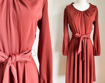 Vintage 1970s Chocolate Brown Knit Belted Dress / S-M