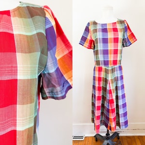 Vintage 1980s Madras Rainbow Plaid Dress / S image 1