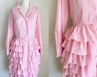 Vintage 1960s Pink & White Gingham Ruffled Dress / XS