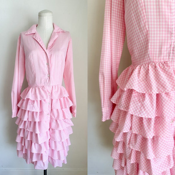 Vintage 1960s Pink & White Gingham Ruffled Dress / XS