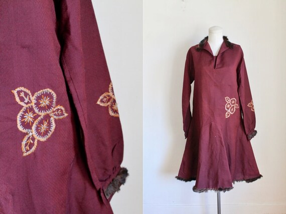 Vintage 1920s Maroon Hand Embroidered Dress With Fur Trim / | Etsy