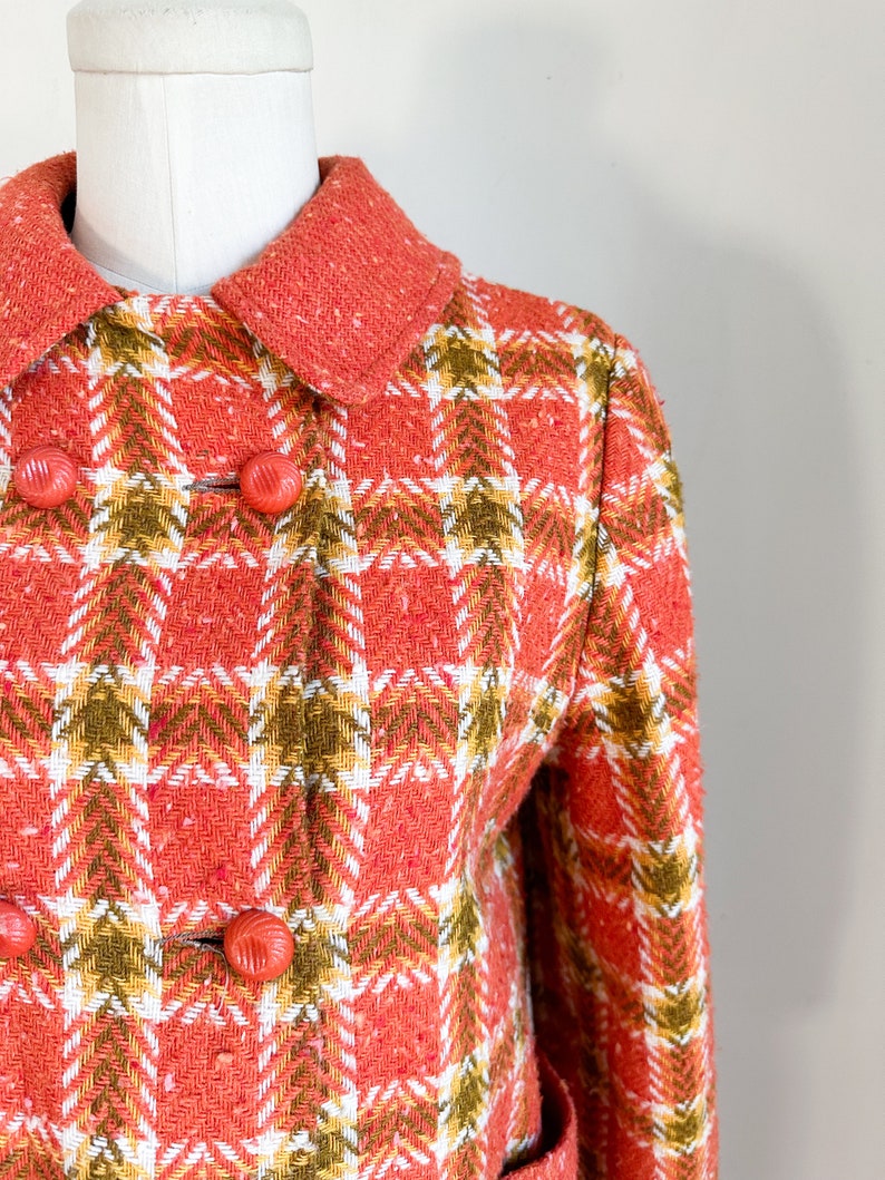 Vintage 1960s Orange Plaid Tweed Coat / XS image 3