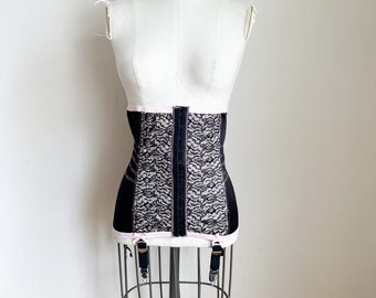 Vintage 1960s Pink & Black Lace Corset Shape Wear with garter / S-M