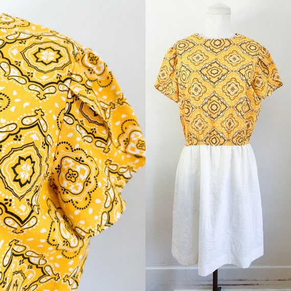 Vintage 1960s Yellow Bandanna Print Shift Dress /… - image 1